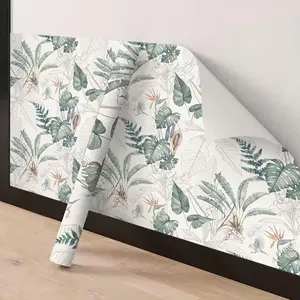 One roll of self-adhesive, thickened tropical plant pattern wallpaper. Tear-and-stick, waterproof, durable, and cut to size. 17.32 inches x 118.11 inches / 196.85 inches. Suitable for bedroom, wardrobe, and other home décor and renovation.