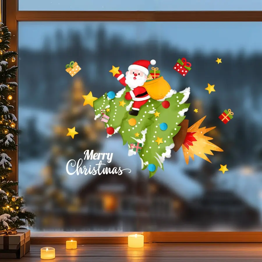 1 piece of 45cm*60cm glass window sticker for Christmas shop, Santa Claus sitting on a rocket Christmas tree giving gifts, decorated with stars, PVC removable electrostatic sticker, home party holiday decoration, office classroom window decoration sticker