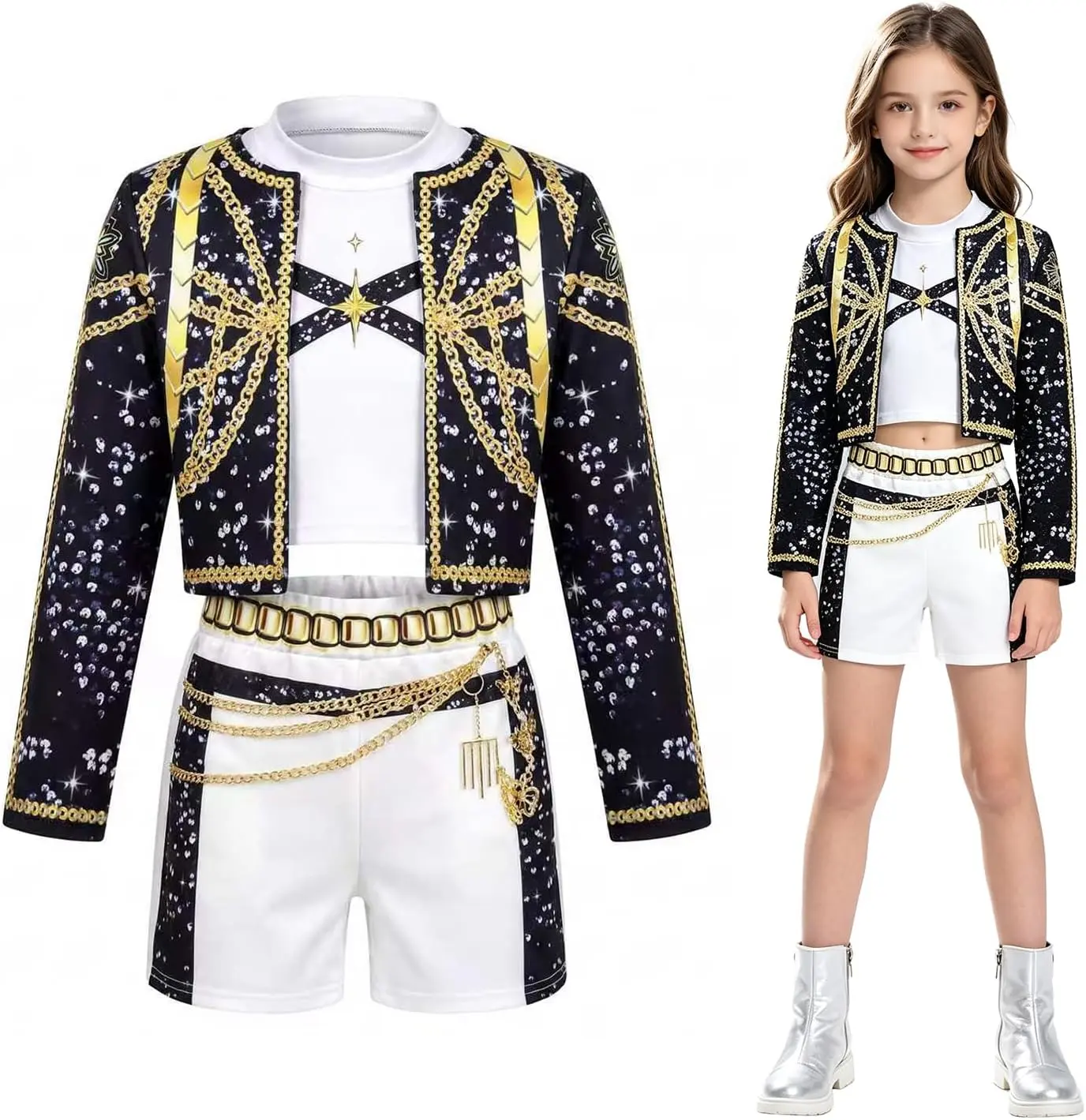 3 Piece Halloween Costume for Girls, Pop Idol Singer Cosplay Costume, Include Jacket Tshirt Shorts for 4-12 Years