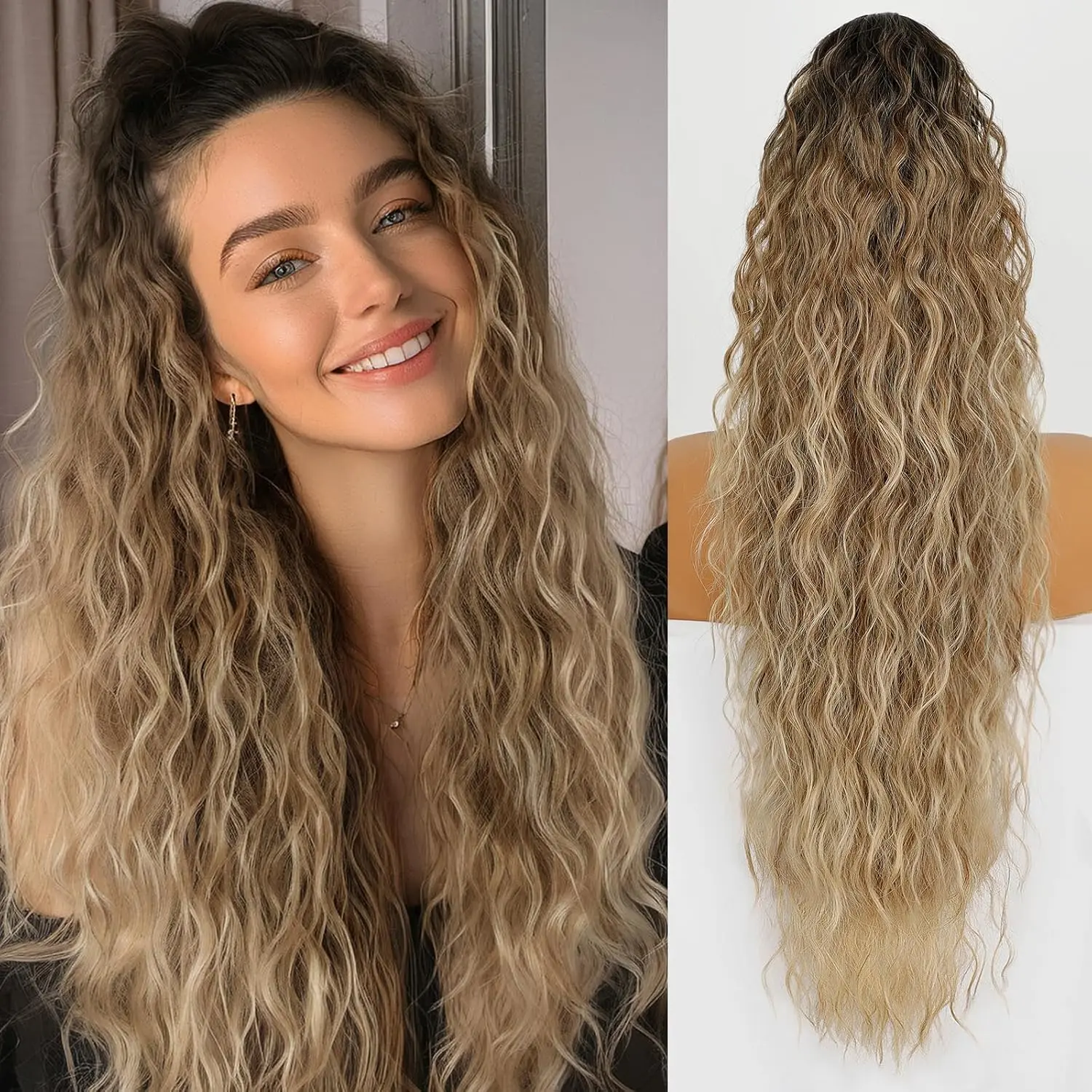 [New] Ponytail Extension Claw 30 Inch Curly Ponytail Clip in Claw Hair Extensions Fluffy Black Brown Natural Looking Synthetic Hairpiece for Women (Ombre Brown Mix Blonde)