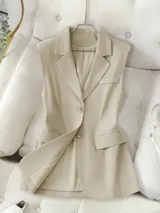 Women's Solid Color Vest Top, Fashionable Sleeveless Blazer Neck, Perfect for Spring Summer, Daily Commute, Parties