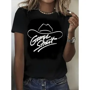 Plus Size Women'S Western Denim T-Shirt - "GEORGE STRAY" Print, Breathable Round Neck Short-Sleeve Top, Machine Washable, Casual Casual Attire for All Seasons, Perfect Holiday Gift, Allseason Top|Bold Graphic Tee|Stretchy Fabric