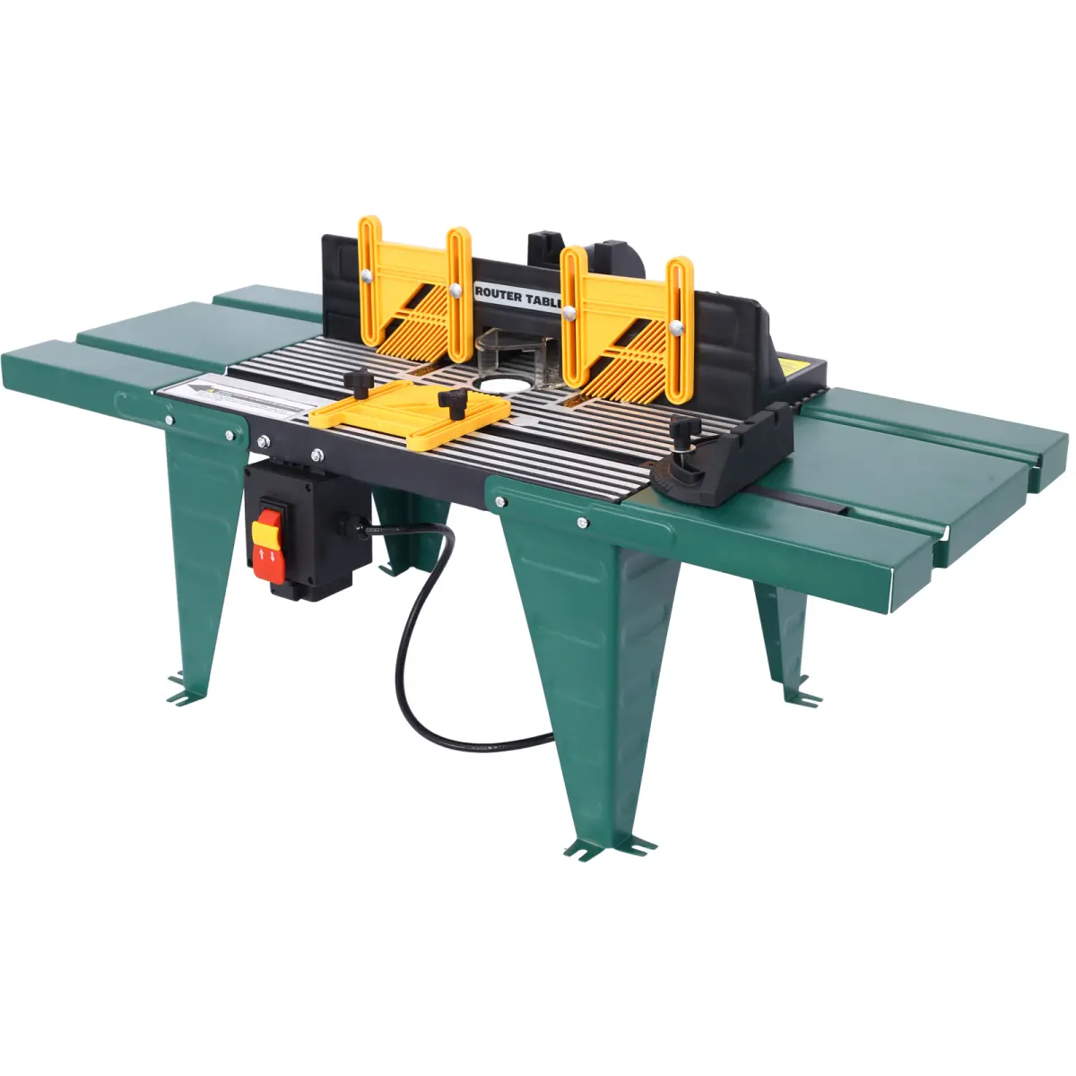 Green Electric Benchtop Router Table, Heavy-Duty Cast Iron Base Portable Woodworking Tool with Adjustable Fence, Miter Gauge, Dust Port for Precise Edge Trimming, Profiling, Joinery