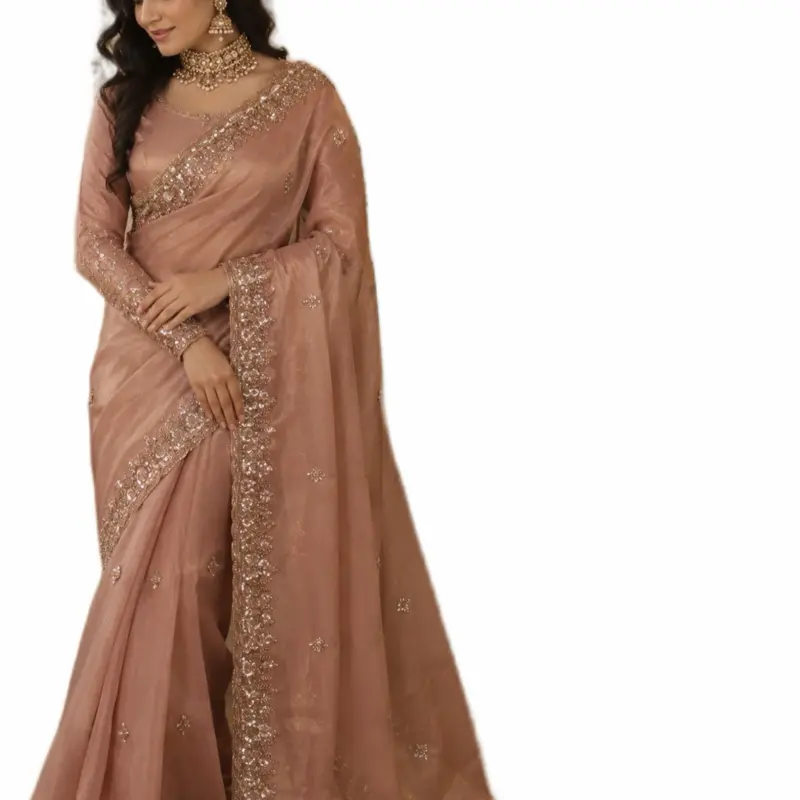 Indian Wedding Handwork Fendy Silk Saree with Stitched Blouse Womenswear Clothes