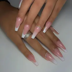 French Style Long Coffin Fake Nail with Nail File & Jelly Glue, 24pcs Press on Nails for Women & Girls DIY Nail Art, Elegant Stick on Nails Kit