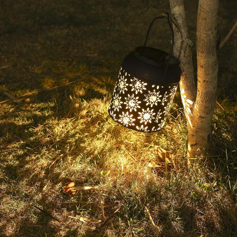 LeiDrail Solar Hanging Lantern with Floral Cutout Pattern – Waterproof Metal Outdoor Garden Light