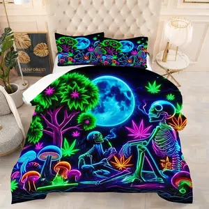 Dark-Themed Mushroom and Full Moon Pattern Comforter Set,Fluorescent Skull Psychedelic Bedding Set,Comfy Bed Sets,Decorative Bedding Set,Bedroom Bedding Set,Soft and Cozy Quilted Bedspread,2/3Pcs Includes 1 or 2 Pillowcases,Pillow Inserts Not Included
