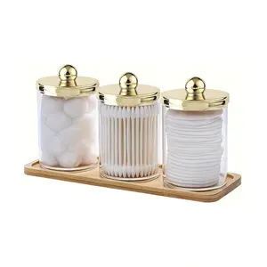 Cotton Swab Storage Box with Wooden Tray, 3 Counts/set Round Cotton Swab Dispenser, Bathroom Storage Box for Toiletry, Home Organizer, Bottles