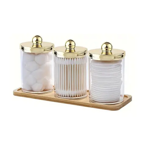 Cotton Swab Storage Box with Wooden Tray, 3 Counts/set Round Cotton Swab Dispenser, Bathroom Storage Box for Toiletry, Home Organizer, Bottles, Plastic Canister Jar, Storage Container Dispenser, Home Organization Containers