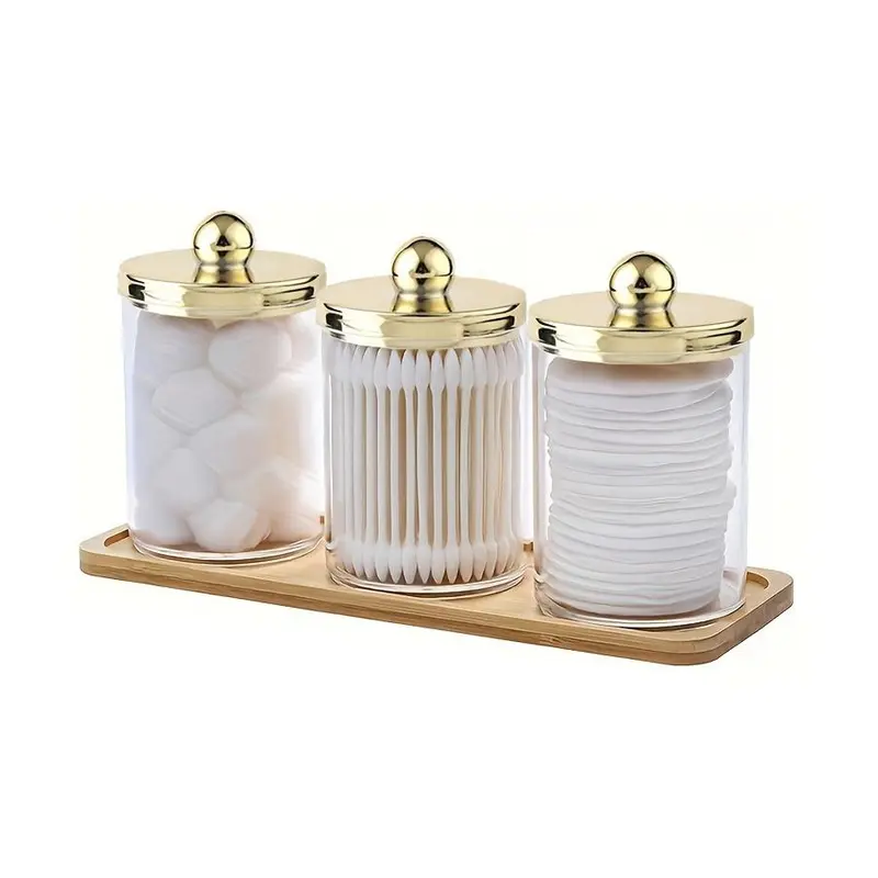 Cotton Swab Storage Box with Wooden Tray, 3 Counts/set Round Cotton Swab Dispenser, Bathroom Storage Box for Toiletry, Home Organizer, Bottles, Plastic Canister Jar, Storage Container Dispenser, Home Organization Containers
