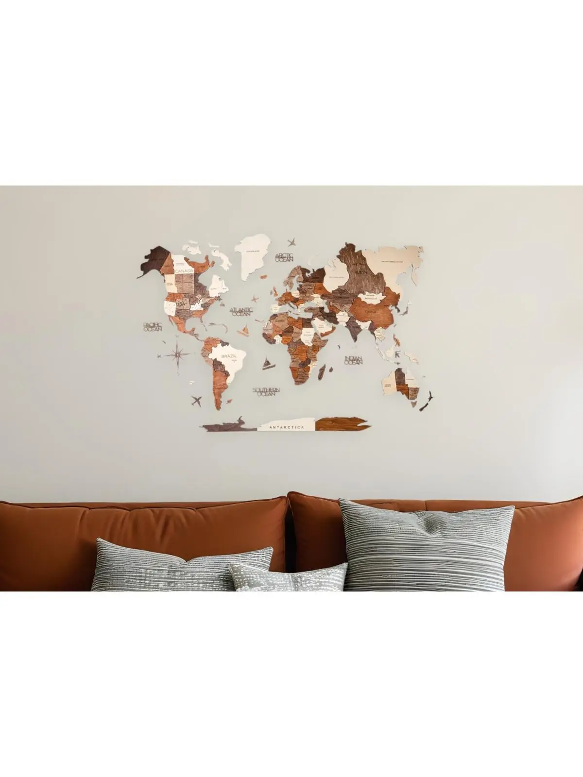 212 MAIN 3D-Textured Dimensional Wood World Map Hanging Sculpture - 24x39in Medium Brown & Beige, Handmade Artistic Home Decoration, Horizontal Wall Accessory for Room, Lounge
