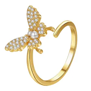 OIDEA Butterfly Ring for Women, Adjustable Open Rhinestone Diamond Butterfly Rings, Gold Tone Dainty Bridal Rings for Teen Girls Jewelry Gift