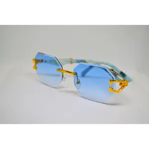WolfScar™ Rimless Blue Sunglasses – Woodgrain & Leopard Print Lightweight Eyewear for Men