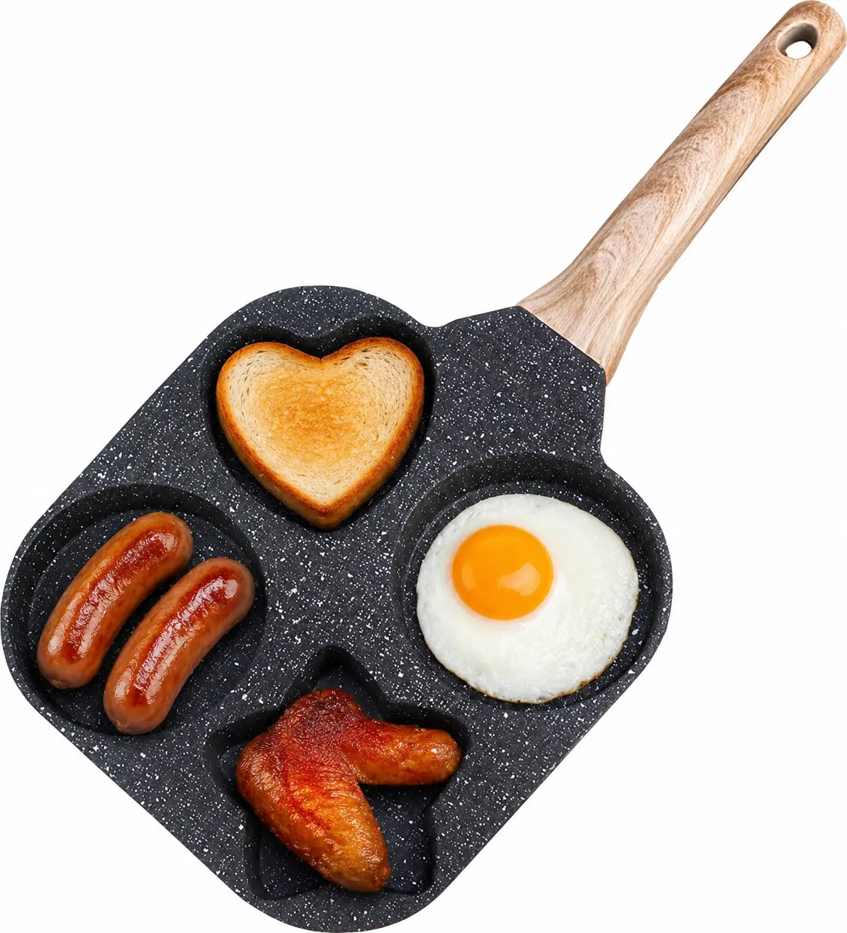 7.5-Inch Nonstick 4-Cup Divided Grill Skillet - Non Toxic Cookware, Granite Frying Pan, Anti-Scald Wood Handle, Composite Energy-Gathering Bottom, Ideal for Family Cooking Eggs & Omelettes, Nonstick Kitchenware