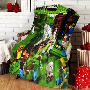 Minecraft Theme Printed Blanket, Holiday Gift Trend, Living Room Nap Area, Gamer Lover, Flannel Cover, Soft Fleece, Christmas, Halloween, Valentine's Day
