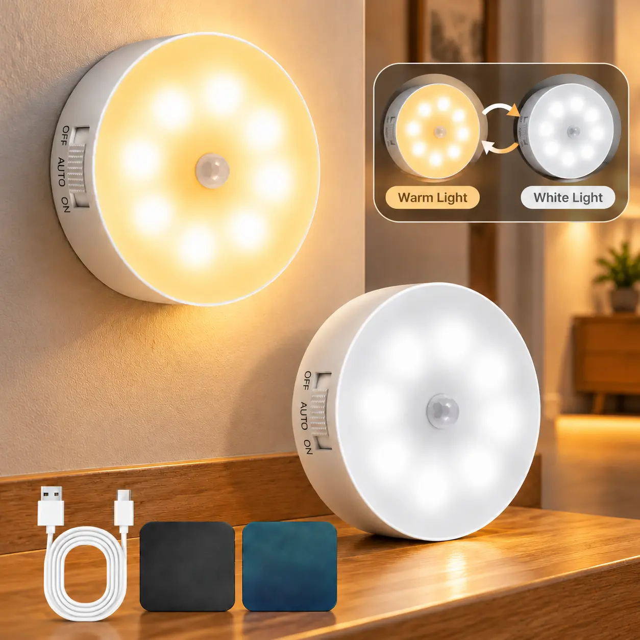 2 PCS Motion Sensor Under Cabinet Lights, Wireless LED Light Bar Built-in Rechargeable Battery, Magnetic Stick-on, For Kitchen, Closet, Wardrobe