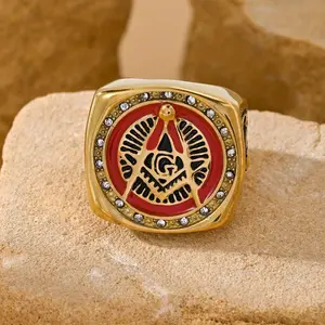 Square Freemason Ring, Fashionable Punk Hip Hop Style Red Drip Oil AG Square Stainless Steel Men's Ring, Gift Jewelry for Men