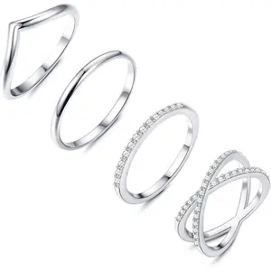 Sanfenly 4 Pcs Stainless Steel Rings for Women V Shaped Chevron X Ring CZ Criss Cross Ring Cute Thumb Band Rings Stackable Engagement Wedding Ring Set 8