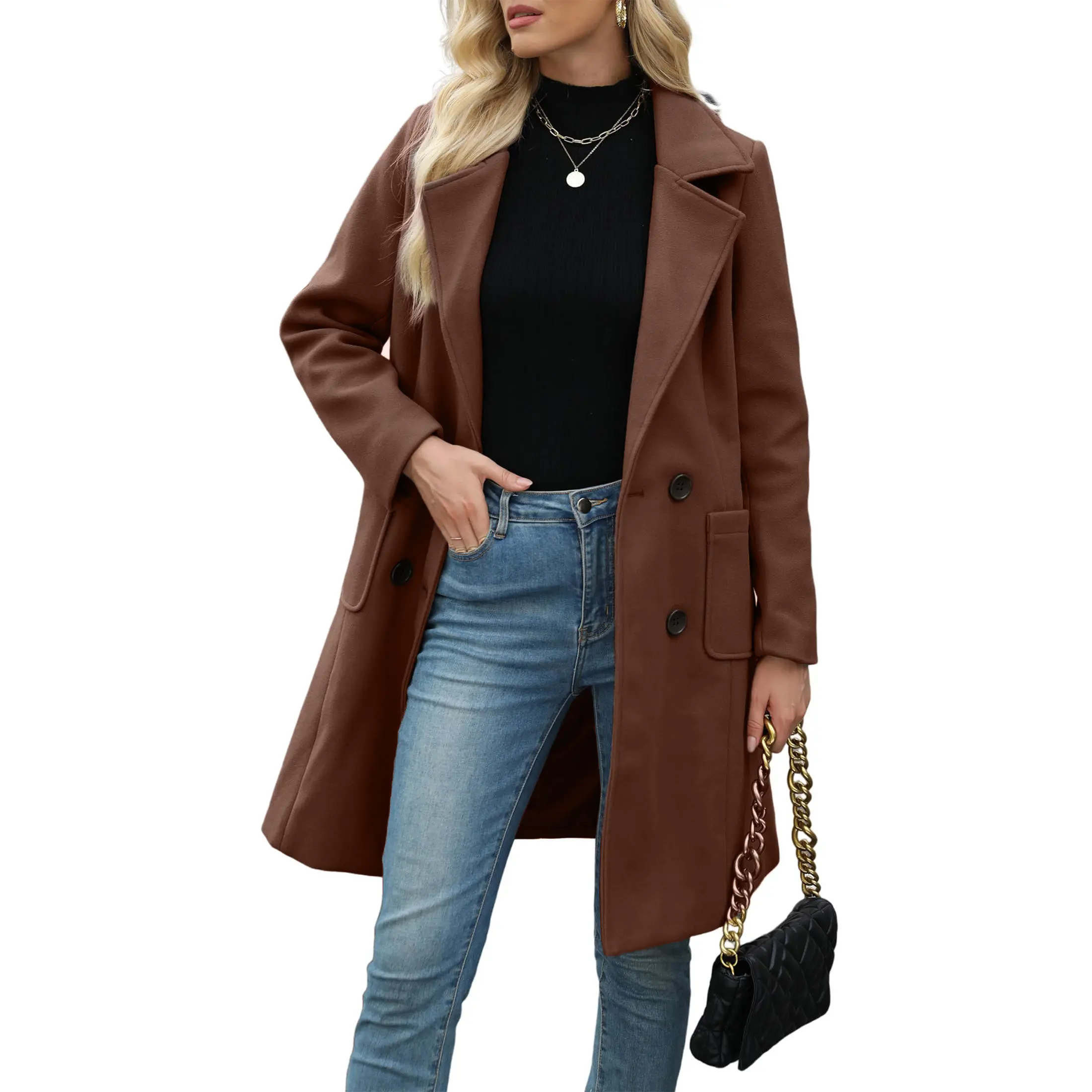 JovenPara Women's Winter Wool Blend Camel Mid-Long Double-Breasted Notch Lapel Coat - Chic Button-Front Outwear for Business, Daily Commuting, Dry Clean, Elegant, Exceptional Warmth, Hand Wash Only, Lapel Jacket, Normal Type, Multi-Function