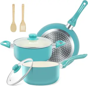 Pots and Pans Set, 7pcs Nonstick Ceramic Cookware Set, Induction Kitchen Cookware Sets, Non Stick Cooking Sets Pots and Pans with Stay Cool Handle, 100% PFOA Free, Turquoise
