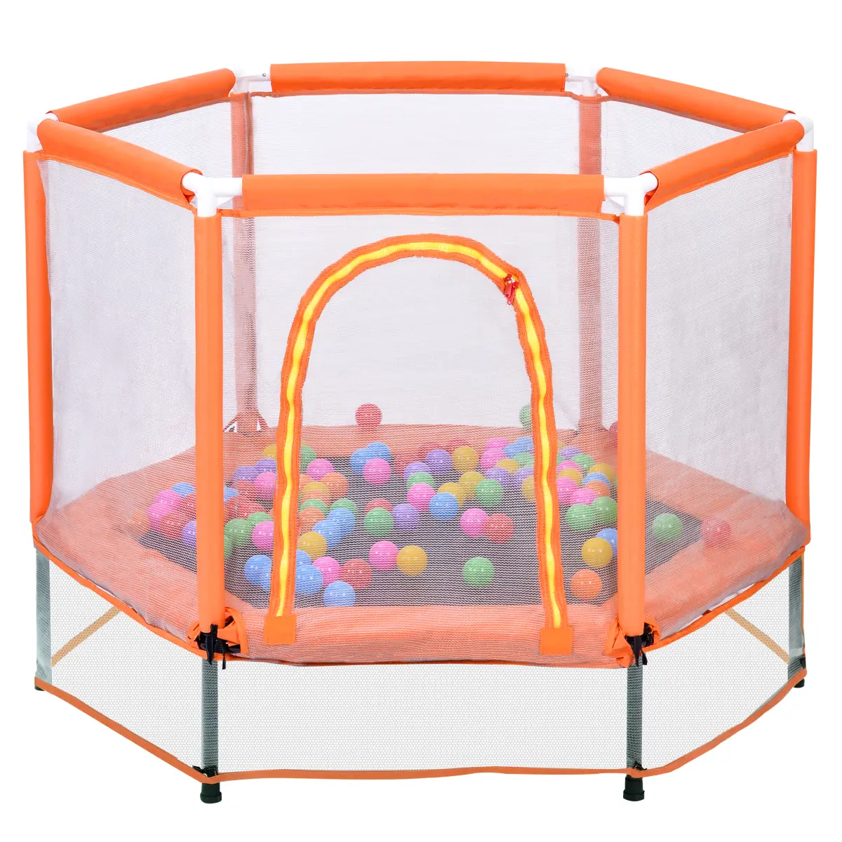 55" Orange Kids Trampoline with Safety Net - Galvanized Steel Frame, 30 Springs, Foam-Padded Poles, U-Type Double Zipper, Portable 55×55×43in Indoor-Outdoor Fitness Equipment for Toddlers (Garden, Patio, Backyard, Playroom Use)