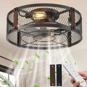 20" Farmhouse Flush Mount Ceiling Fans with Lights and Remote, Industrial Black Caged Low Profile Fandelier, 6 Speeds Bladeless Ceiling Fan for Bedroom, Kitchen, Living Room