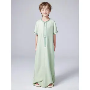 Boys Solid Color Loose Embroidered Muslim Cloth, Casual Crew Neck Short Sleeve Button Shirt For Summer, Middle Eastern-Inspired Traditional Cultural Clothing - Arabia, Dubai, Malaysia - Suitable For Ramadan