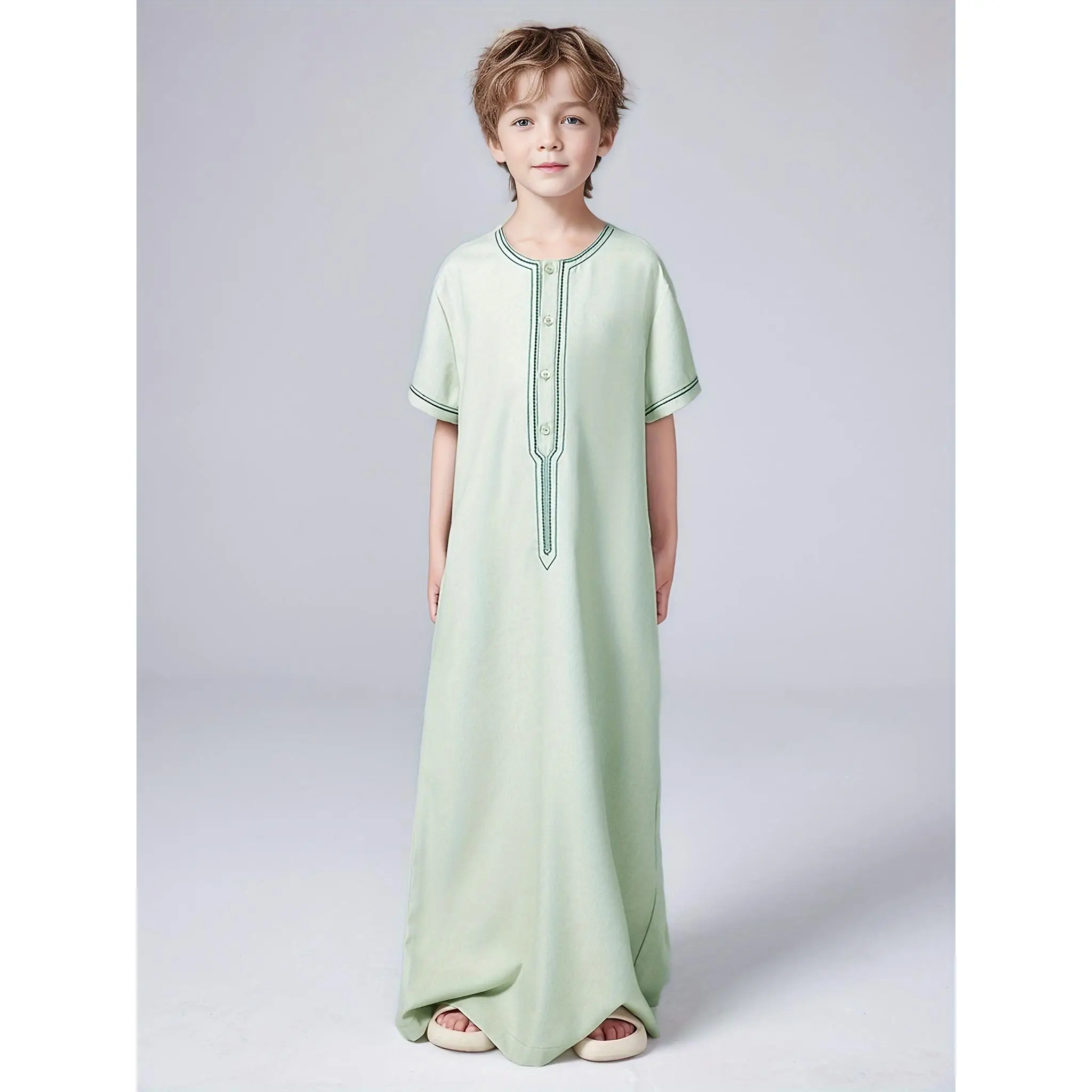 Boys Solid Color Loose Embroidered Muslim Cloth, Casual Crew Neck Short Sleeve Button Shirt For Summer, Middle Eastern-Inspired Traditional Cultural C