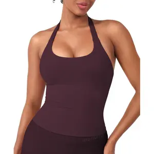Halter Impact Tank Tops for Women Workout Longline Crop Tops with Built in Bras Open Back Going Out Gym Top
