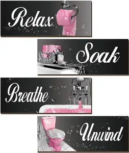 4 Pcs Bathroom Decor Bathroom Wall Art Decor Pictures Wood Hanging Sign Wall Art Accessories Soak Unwind Relax Breathe for Home Spa Laundry(Pink)
