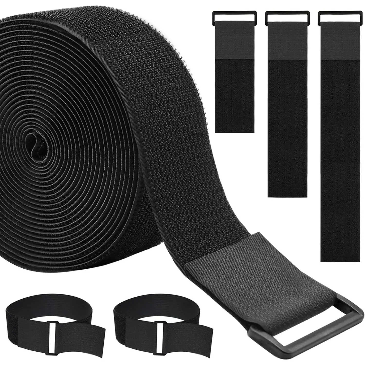 Heavy Duty 1.5 inches wide Cinch Straps - 16Ft, 20 Buckles, Black Nylon Hook and Loop, Adjustable Ropes with 20 Different Lengths for Custom Length Cable Management & Desk Organization