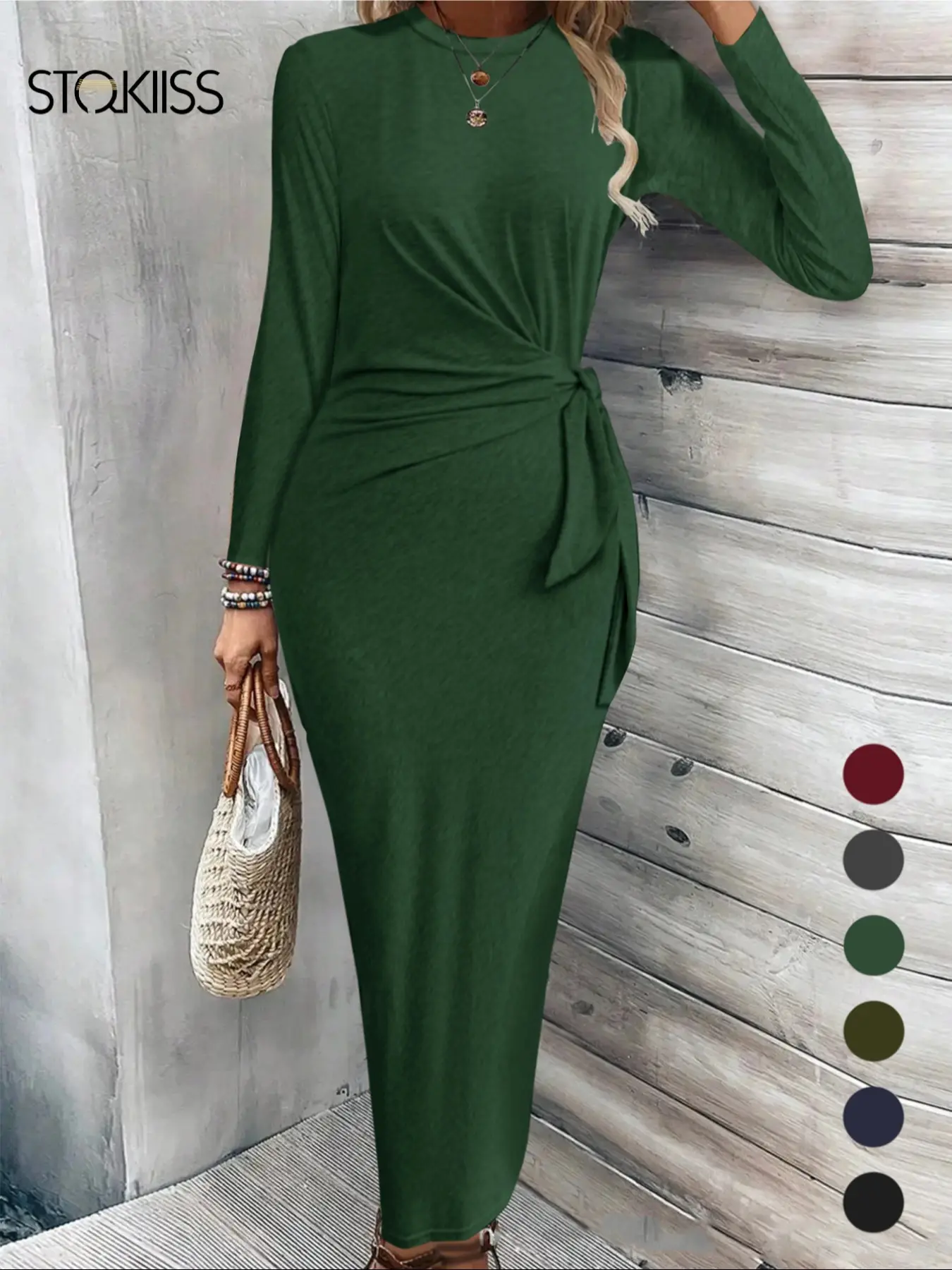 Women's Plain Knot Front Long Sleeve Bodycon Fit Dress, Casual Round Neck Maxi Dress for Fall & Winter, Women's Clothing for Daily Wear, Womenswear - TikTok Shop Women's Plain Knot Front Long Sleeve Bodycon Fit Dress, Casual Round Neck Maxi Dress for Fall & Winter, Women's Clothing for Daily Wear, Womenswear - TikTok Shop