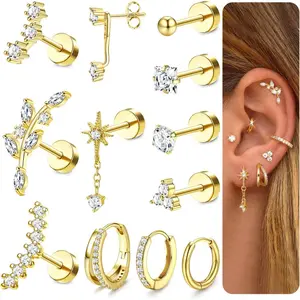 MILACOLATO 16G Cartilage Earrings for Women Silver Flat Back Earrings Hypoallergenic Surgical Stainless Steel Earrings for Women Trendy Small Stud Hoop Earrings Set Tragus Helix Daith Conch Piercing Jewelry