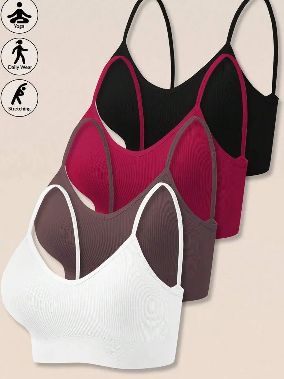 4Pcs Women's Seamless Ribbed Bralette Set | Wireless V-Neck Cami Bras | Soft Stretch Everyday Comfort | Available in Multiple Colors
