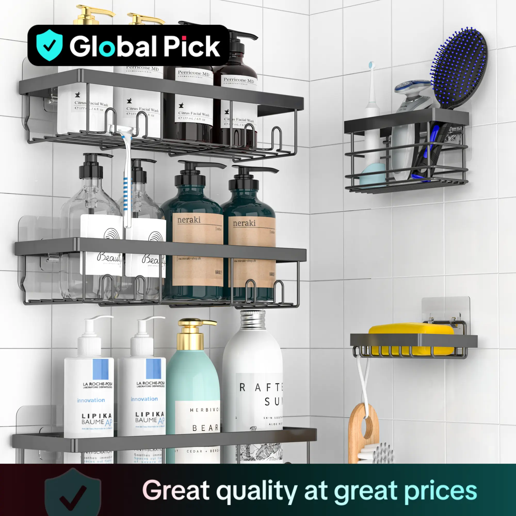 Shower Caddy Shelf Organizer Rack, Self Adhesive Bathroom Shelves Basket, Bathroom Accessories Organizer Storage Rack Set, Home & Kitchen Decor No Dri