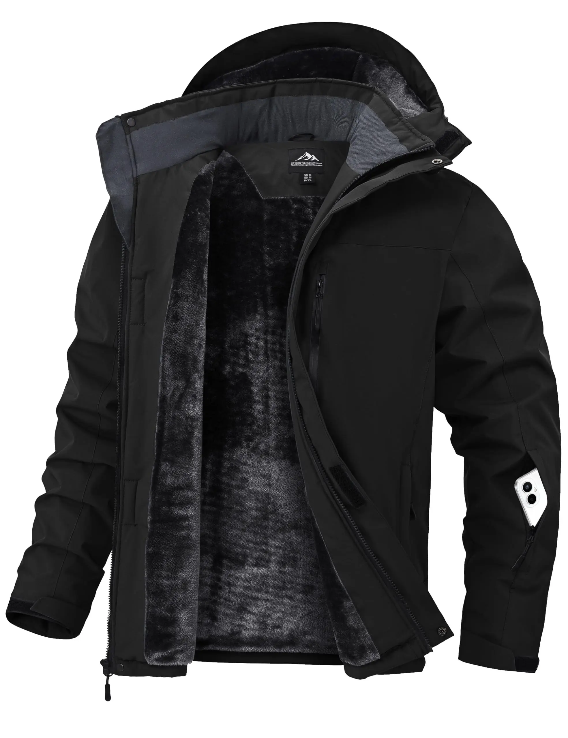 ZOOFLY Men's Medium Length Waterproof Shell Ski Snow Parka - Male Coat with Windproof Zipper, Warm Fleece, Multi-Pockets, Hooded, Machine Washable Outdoor Sports Outerwear