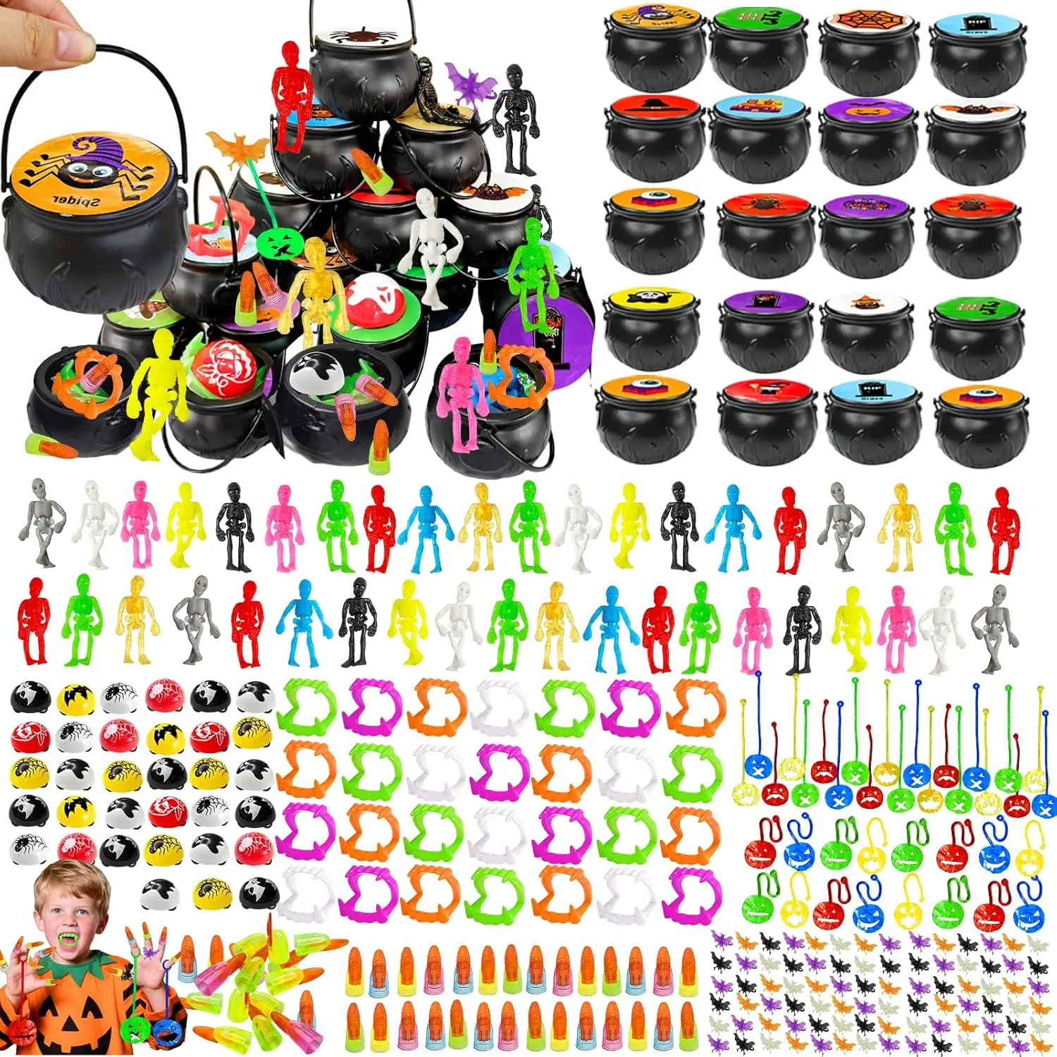 Witch Theme Mini Pre-Filled Cauldron Toy Sets (28-Pack Bulk with Handle, 196 PCS) - Child-Friendly Halloween Party Gifts, Trick-or-Treat Goodie Bag Fillers, 28 Vampire Teeth, Sticky Skeletons, Cars, Rings, Nails