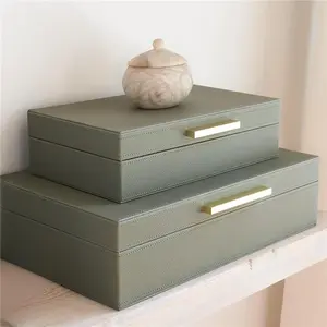 Decorative Storage Boxes with Lids Set of 2 PU Leather Organizer Bins for Bookshelf Home Decor Safely Store Photos Documents Memory Box Keepsakes in Style