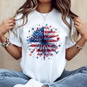 Patriotic Fireworks And Stars Print T Shirt White Casual Loose Fit For Everyday Wear And Outdoor Activities