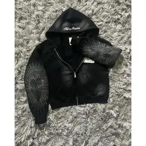 Hell in Paradise Street Retro Gothic Style Zip Up Hoodie Embroidery Patchwork Hoodies Loose Sweatshirt Men Clothing Pullover Long Sleeve