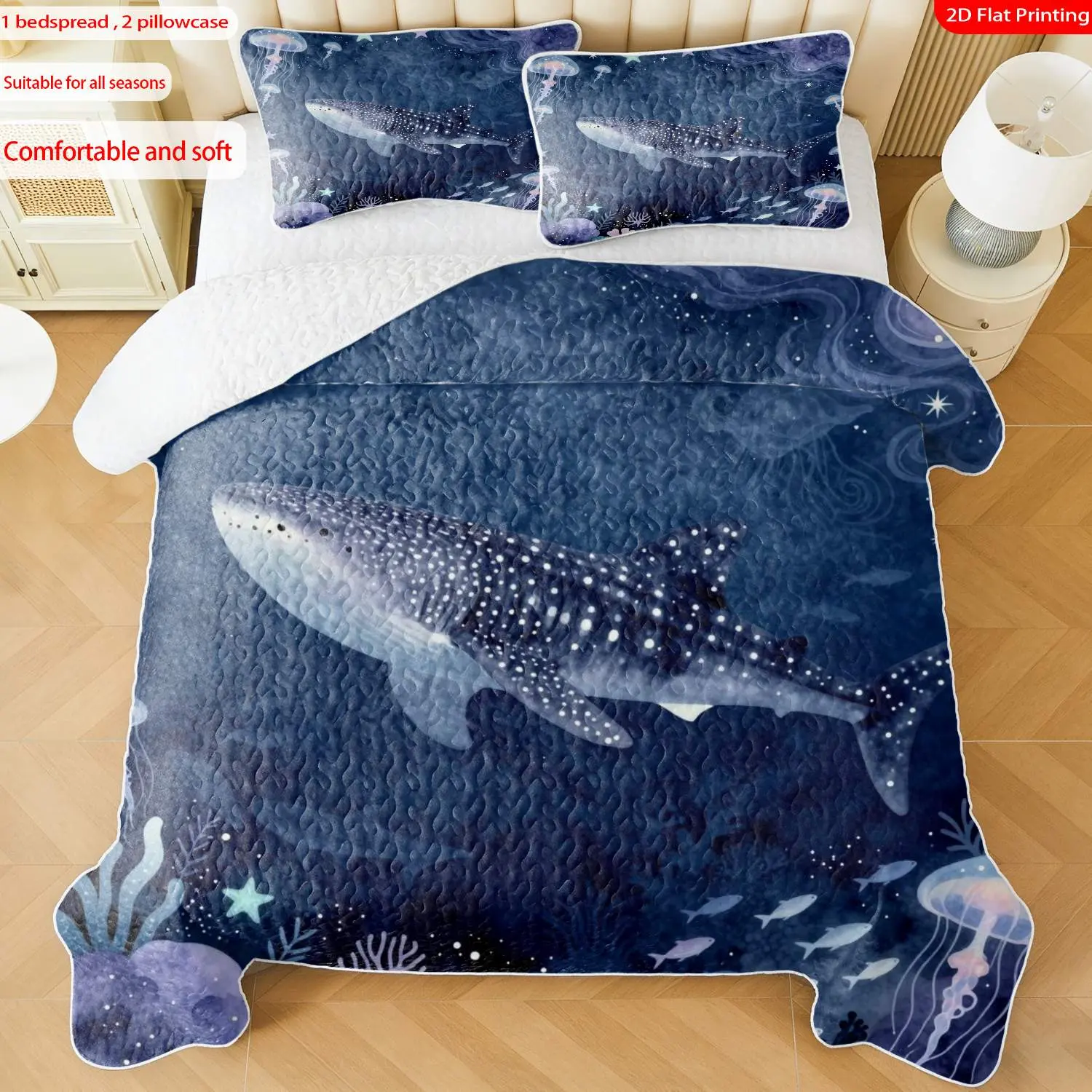 3 pcs, 2D Flat Print Ocean Whale Shark Bedspread Set, Soft and Comfortable, Multiple Sizes Available, Suitable for Gifting and Daily Use, Ideal for Creating a Cozy Home Atmosphere(1 bedspread , 2 pillowcases)