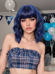 14 Inch Blue Bangs Bob Cut Short Curly Wig, Natural Puffy Festival Style, Versatile Daily Accessory, Fashionable Wavy Synthetic Hairpiece