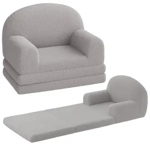 Kids Couch, 2-in-1 Convertible Teddy Fleece Fabric Toddler Sofa Chair, Soft Fold Out Couch Lounger for Kids, Comfy Children's Sofa Bed for Playroom, Nursery, Birthday Gift (Gray Moon)