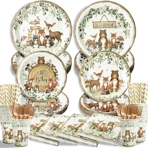 300Pcs Woodland Baby Shower Party Supplies Serves 50 Guests Safari Jungle Animal Party Decorations Include Plates Napkins Cups Straws Forks