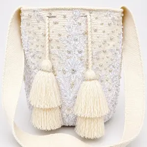 Large Wayuu Handmade Bag white with Hand-Sewn Pearl Stones Recamada - Unique 11x11in Mochila with Tassels & Imitation Pearls