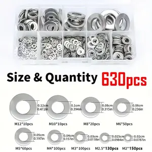 630Pcs Stainless Steel Flat Washer Assortment Set M2-M12, Heavy Duty Stainless Steel Plain Washers with Storage Box, Hardware Lock Washer Assortment Kit, Ideal for Household DIY, Industrial Repair, Kitchen Decoration & Outdoor Maintenance.