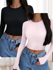New Women's Color Round Neck Slim Fit Fashion Elegant Long Sleeve T-Shirt Two Piece Set, Stylish Casual Wear for All Seasons, Casual Fashionable Top