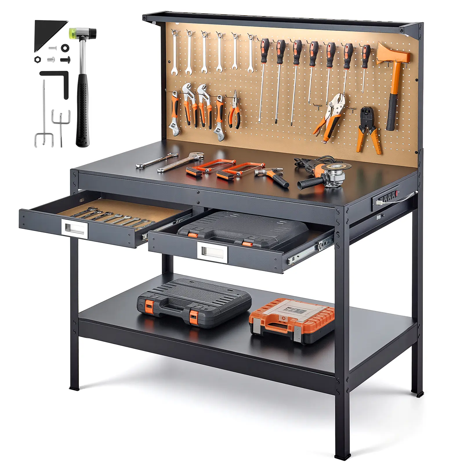 VEVOR Hardwood Workbench, 242.5 lbs Weight Capacity, 47.2-inch Heavy Duty Workbench with Pegboard, 4 AC Outlets & 2 USB Ports, 4.9 ft Cable & 30 Hooks, Garage Work Bench with Drawer for Workshop,toolupgrade