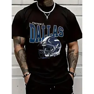 Men' Dallas Football & DALLAS Print T-Shirt - 100% Cotton Loose Fit Casual Tee with Emblem, Short Sleeve Crew Neck Shirt for Game Day, Fan Apparel & Casual Attire