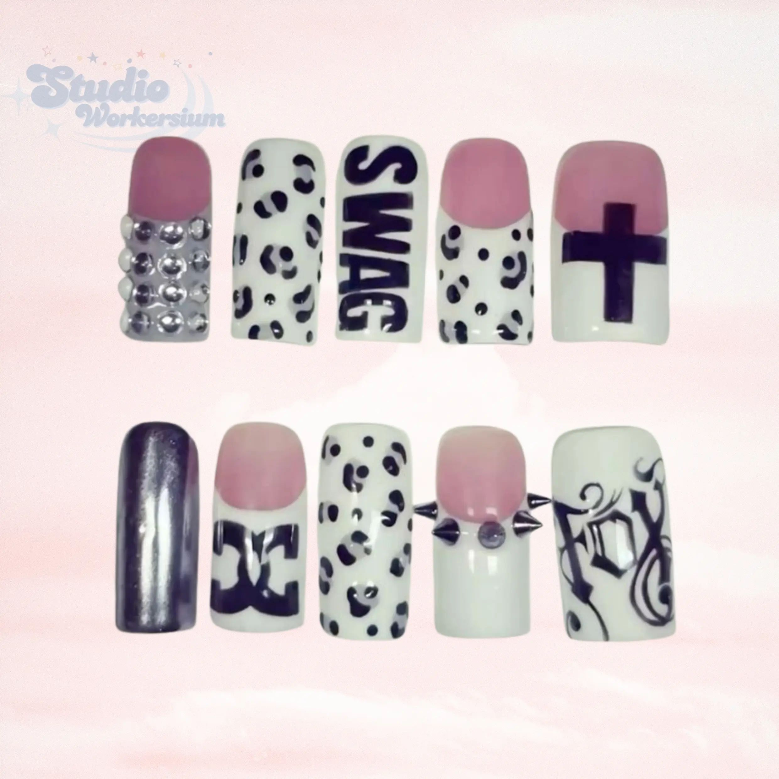 Y2K Scene Queen Press On Nails, Pink Leopard Print Nails, SWAG Graphic Nails, Cross French Tip Nails, Chrome Accent Nails, Punk Emo Nail Set